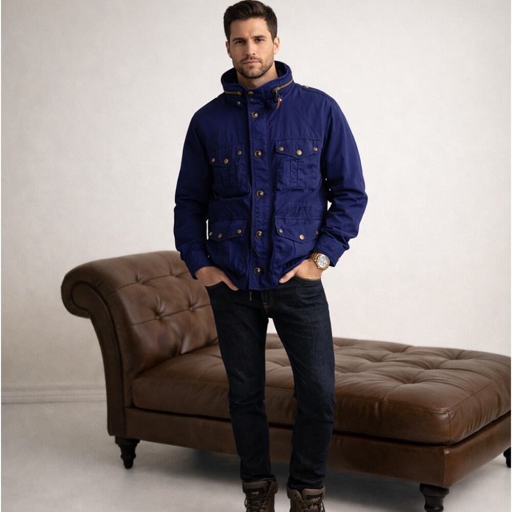 BURBERRY BRIT Cotton Field Utility Jacket Navy Blue Concealed Hood Sz L $985